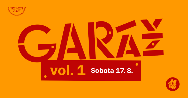 oranžové pozadie, červený nápis garáž vol. 1 s dátumom sobota 17.8.